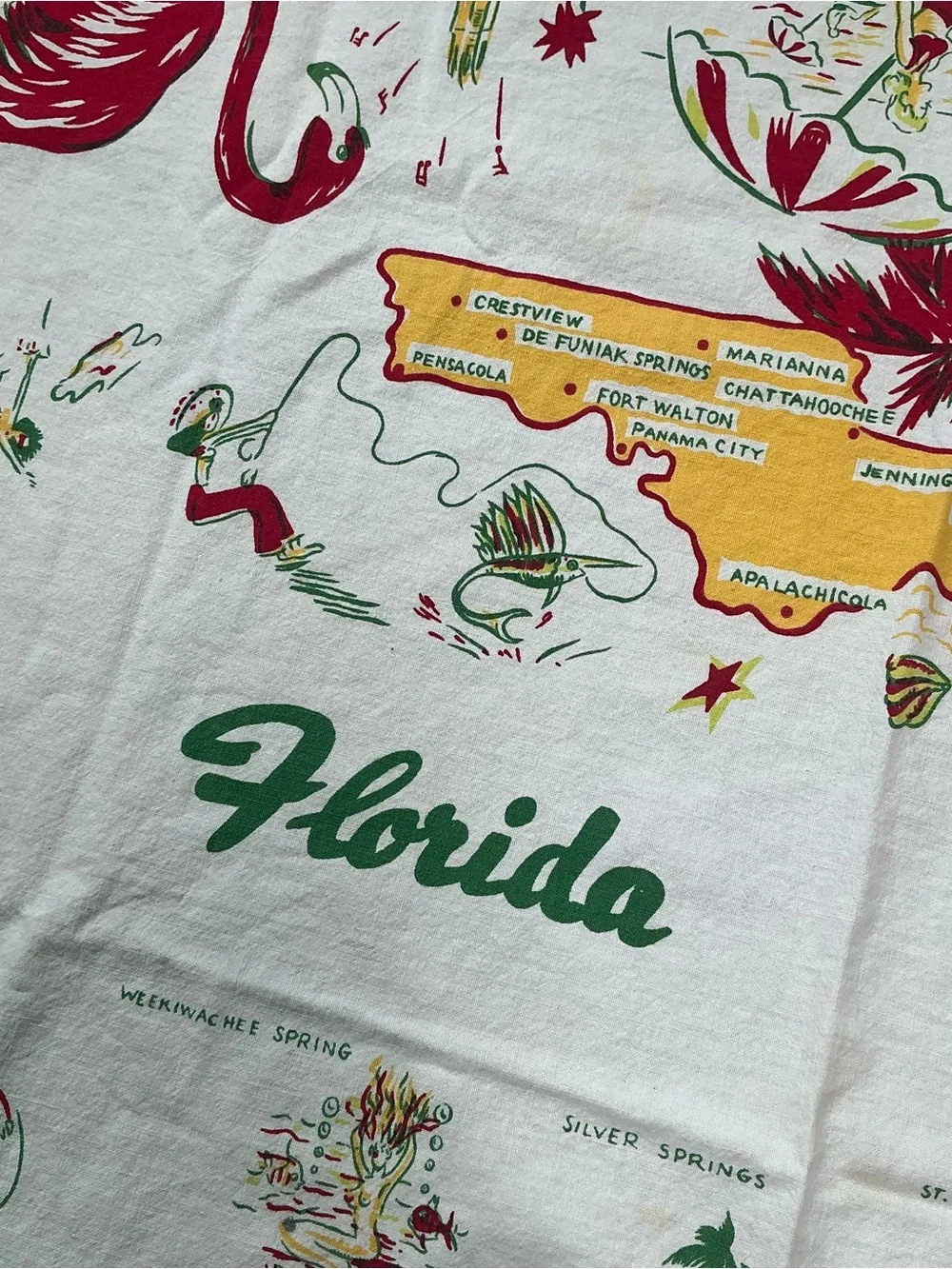 Vintage 1950s/60s Florida Souvenir Map Novelty Print MCM Cotton Tablecloth USA